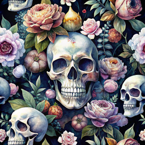 Ti chiedo di creare pattern che combinino teschi umani o animali con elementi floreali. Integra le caratteristiche distintive dei teschi, come la forma generale e i dettagli anatomici, con motivi floreali quali fiori, foglie e rami, sfondo nero. rose rosse con bottigli stile pirata