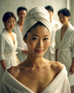 1girl, 25-year-old Korean actress Clara Lee Sung-min, with her head wrapped in a towel, wearing an open white bathrobe, bathroom: 1.2, collarbone, looking at the audience, ((turbulent)), ((perfect body proportions)), (panoramic view: 1.3), Beautiful and mature, grinning, deep shadow, Mario Testino style, half body to chest: 1.1<lora:DetailedEyes_xl_V2:1>, <lora:neg4all_bdsqlsz_xl_V7:1>, (super delicate oval face)), ((beautiful eyes with long eyelashes, ((real quality)),((Leica RAW photo)),64k,((