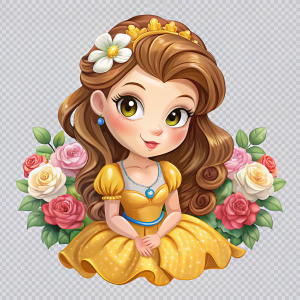 Princess belle, flowers, cartoon, high quality, transparent background 