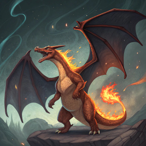 Ancient Charizard, a legendary Pokémon, depicted with brown scales and vibrant flames dancing across its body. It stands in a fierce pose with large, dark wings edged in fiery detail. Dark, cosmic backdrop with swirling patterns.