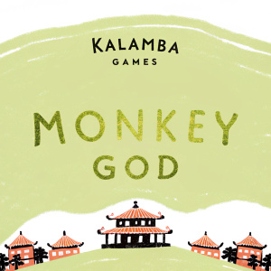 Kalamba Games' Monkey God slot game logo displayed prominently. Set against a serene background of pagoda buildings under a warm sunset sky. The title uses a bold, gold and green font reflecting natural elements.