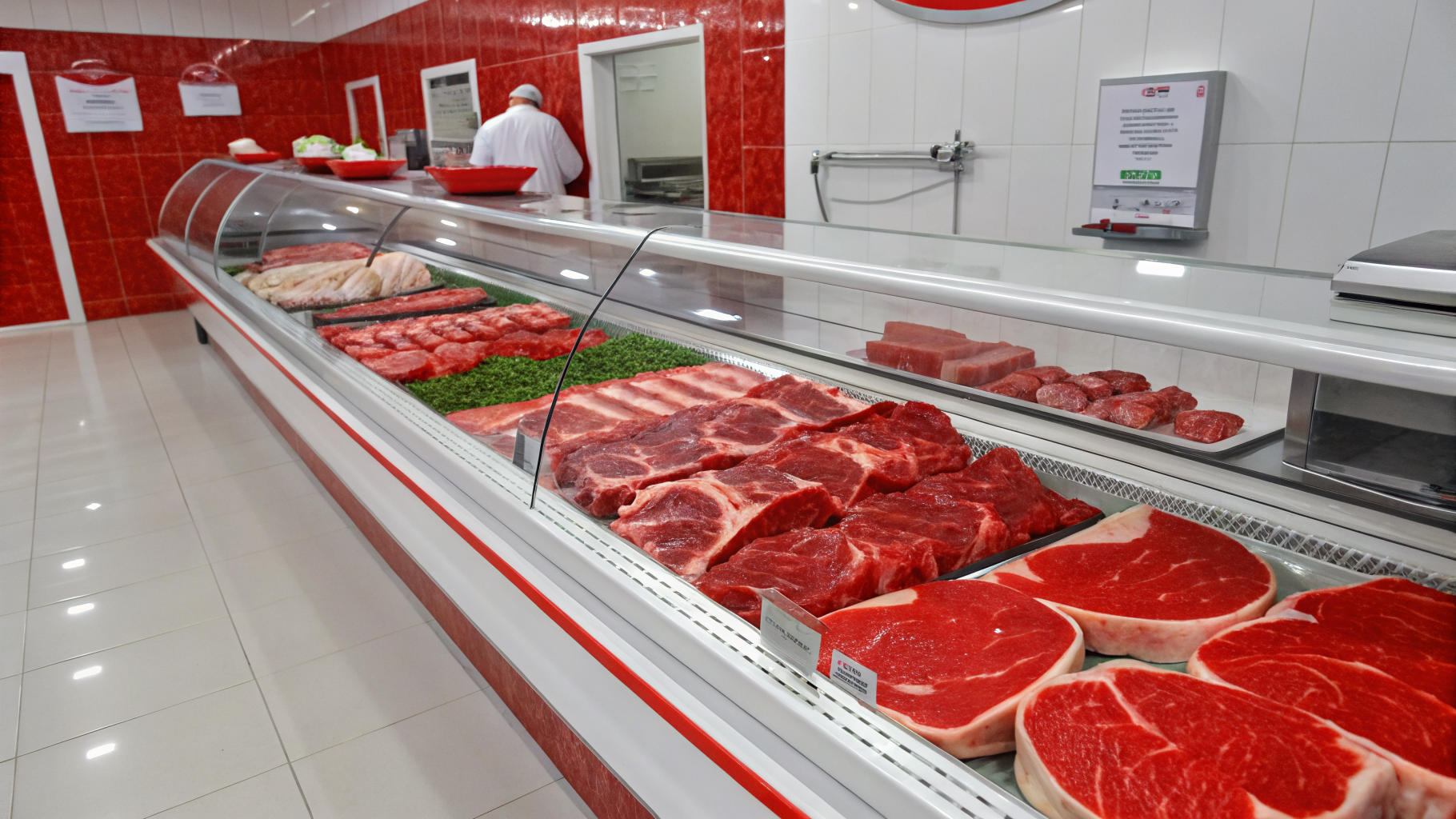 Fresh halal steaks displayed on a butcher's counter in North London