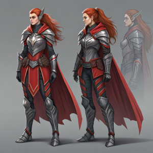 Concept art for a fantasy character named Vampire Knight Arya. Various poses and armor styles with red and gray metallic accents. Long, fiery red hair. Digital illustration, simple gray background.