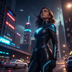 Dinah Madani, a superhero from the Marvel universe, posing intensely. The background is a futuristic cityscape at night, with neon lights and flying cars. She wears a sleek, black bodysuit with glowing blue accents.