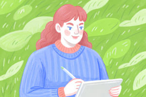 a freelancer draws on a ipad
