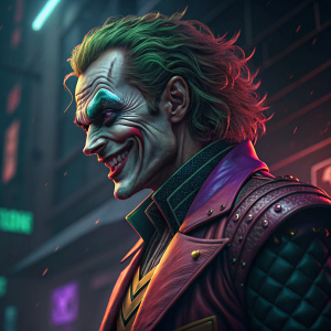 High-tech render of the Joker. Digital art piece with intricate details and vibrant colors.