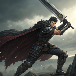 3D illustration of Guts from Berserk. Cloudy sky background. Dramatic fighting stance