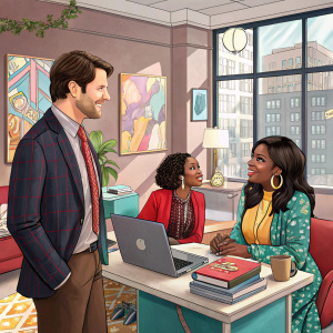 Ike Barinholtz, Xosha Roquemore, and Mindy Kaling in a vibrant office scene from 'The Mindy Project'. Stylish contemporary decor