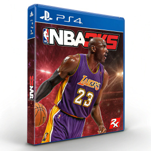 Cover art for NBA 2K15 on PS4. Michael Jordan in purple and gold Lakers jersey, number 23. Disc with PS4 logo.