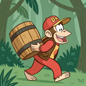 Digital illustration of Diddy Kong, donkey kong's sidekick, carrying a wooden barrel. Green lush jungle background