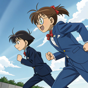 A vibrant illustration of Shinichi Kudo and Ran Mouri from Detective Conan. They are in action poses, dressed in a navy blue ensemble. Set against a backdrop of a clear blue sky, the artwork showcases their detailed expressions and hairstyles.