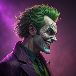 High-definition render of the Joker. Digital art showcasing his sinister smile and wild green hair. Bright, vivid purple background