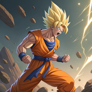 Goku in Dragon Ball Z, intense expression, blonde hair in spikes. Fighting pose in orange gi and blue sash. Vibrant, digital art style with dynamic lighting and background of floating rocks and energy blasts.