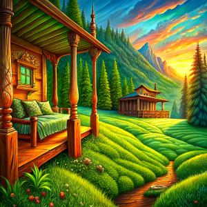 a lush green meadow, a wooden house, its interior, on the right 3 wood brown pillars coming from the ceiling to the floor, a bedroom behind the pillars with a wooden bed and a nightstand on the left of the bed, basement with stairs on the left of the bed

