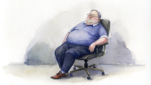 A fat man sleeps in a small office chair. polo shirt, thin glasses
