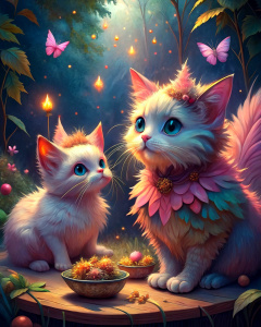 two pink fluffy fairy cats, having fairy pink and golden iridescent wings and golden fluffy precious fur, having a picnic in a magical forest, surrounded by fireflies
