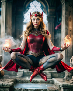 actress Elizabeth Olsen as Marvel's Scarlet Witch hovers in the air in the Lotus position against the backdrop of ancient ruins, dressed in scarlet leather shorts and scarlet fishnet tights, scarlet ankle boots, wearing the Scarlet Witch tiara on her head, her hands and eyes glowing with crimson fire, evil red glowing eyes 