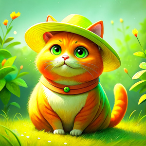fat orange cat with straw hat