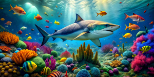 Underwater world with colorful fish and a big shark, high quality, 8k, realistic elements