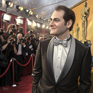 Michael Stuhlbarg at SAG Awards. Wearing a sleek black suit and silver bow tie. Surrounded by paparazzi flashbulbs in a bustling, vibrant venue.