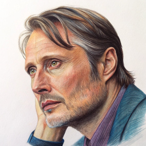 Realistic colored pencil portrait of actor Mads Mikkelsen. His face, detailed jawline, hand and intense gaze captured in a close-up sketch. Vibrant colors and shading enhance the depth and texture of the artwork.