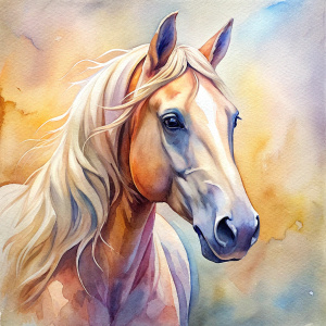 Vintage Old, Watercolor Soft Colors, Beautiful Beig Horse, Frontal View