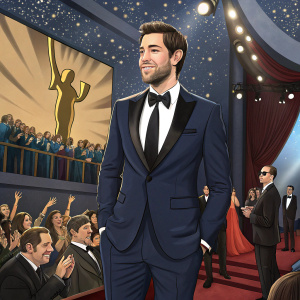 John Krasinski at the awards ceremony, elegant navy suit, black tie. Crowd cheering in the background