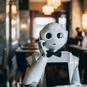 Friendly white futuristic robot, wearing a bowtie, talking on a phone confirming a restaurant booking. Inside a restaurant. Blurred background, cinematic, looking straight into the camera