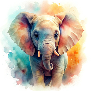 Vintage Old, Watercolor Soft Colors, Beautiful Cute Elephant baby, Frontal View