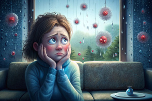 It's raining heavily outside, with dense raindrops hitting the windows. The humidity inside the house is increasing, and small droplets are forming on the corners of the walls. The person living inside is having an allergic reaction, with red, swollen eyes, a constant runny nose, and increasingly dark circles under their eyes. They look very uncomfortable and are listlessly curled up on the couch.