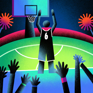 Ty Jerome, dressed in a black and white Lakers jersey with the number 6, celebrating on a court filled with cheering fans. The crowd waves orange pompoms.