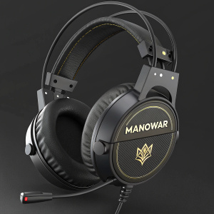3D render of MANOWAR gaming headset, sleek black design, detailed components. Dark background. MANOWAR logo on right side.