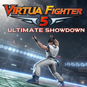 Promotional poster for Virtua Fighter 5 Ultimate Showdown featuring a character in a dynamic fighting stance. Portuguese text, QR code for event details.
