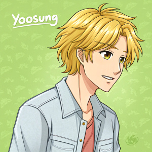 Cartoon illustration of Yoosung from Mystic Messenger. Wearing casual shirt, green background. Artist's signature included.