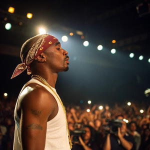 Tupac Shakur, with his iconic bandana and gold chain, standing on stage. The crowd is enthusiastic, flashing camera lights.