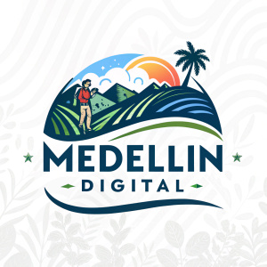Medellin Digital brand logo featuring a vibrant tagline in Spanish. The palette includes a mix of cool blues, rich greens, and earthy tones.