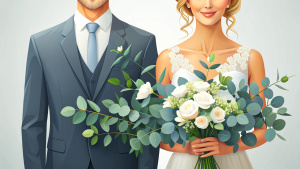 bride and groom wedding couple with a bouquet of eucalyptus and white flowers