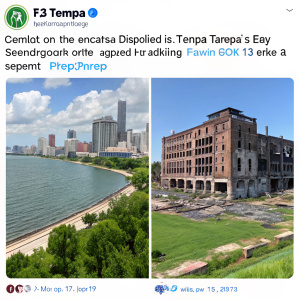 Tweet from @FOX13Tampa showcasing contrast between Detroit's decay and Tampa Bay's beauty. Interactive with likes and retweets