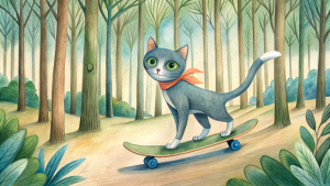 cat rides a skateboard through the forest