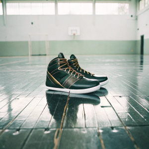 Kyrie Irving's custom Nike sneakers, black and gold. Basketball court backdrop.