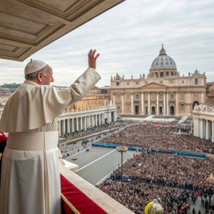 Pope Francis waving from a balcony at St. Peter's Basilica. A sea of people in the square below, cheering.