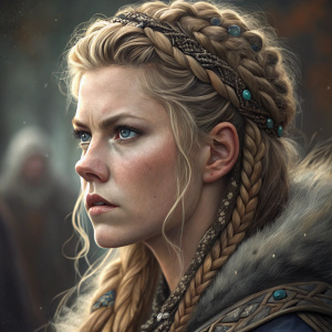 Close-up portrait of Lagertha from Vikings. Detailed face, intricate hairstyle, blurred background, painting style
