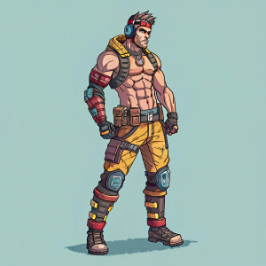 Pixel art rendering of a muscular, shirtless character from Borderlands 3. Worn out armor, vibrant color palette, no shading