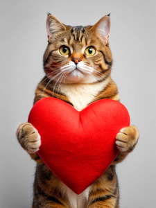 funny cat holding a big valentine in his hands