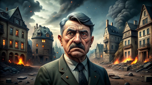 Generate an animated and hyper-realistic image that represents a German leader similar to Adolf and in the middle a German town in ruins due to poverty.
