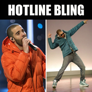 Funny split-screen meme featuring Drake's 'Hotline Bling' dance move. The first image shows Drake making a hand gesture while singing, the second captures him breakdancing. Accompanied by witty text.