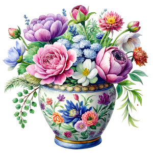 a WATERCOLOR IMAGE, Antique Ceramic Antique Vase Chinese Dragon Pattern Porcelain.THERE ARE IN THE VASE : amaranth peonies , green WEEDS ,burgundy PEONIES, orange Bougainvillea, purple dandelions ,plum geranium, Narcissus,yellow  crocusES ,mauve daffodil ,mustard roses ,amaranth Damarion s, pink tulips , pink freesia , lavender Common Crape Myrtle ,red Watsonia ,tritoma.carmine Chandramallika, burgundy VIOLETS ,SEPHIA SISYMBRIUM,CREAM CHAMOMILE , teracotta bluebell 