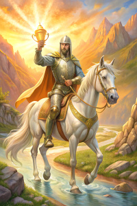 The Knight of Cups is depicted as a man in shining armor leading a white horse. He is heading towards the river that lies before him, separating him from the mountain range. In the saddle, the knight shows confidence and directs his gaze forward. His appearance radiates strength and dedication to his cause, emphasizing the path he has chosen. Gold Cup.