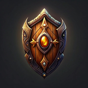 
game asset, NikarLux style, deviantart, fantasy dark wood old shield, old shield, Cool. Front view, small size. vibrant, golden metal ornaments in the borders and silver ornaments in the middle, black background, game asset, vector art, Pixar, Furious, fierce 8k image, desaturated, high resolution, stoned gem in the middle