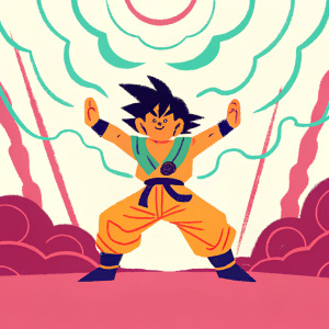 Gohan from Dragon Ball Z, depicted in a dynamic action pose, standing in a glowing, mystical arena with swirling energy patterns and vibrant hues.
